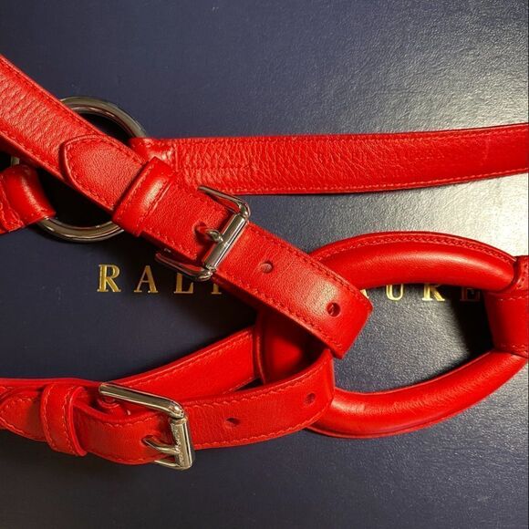 Ralph Lauren Made in Italy Red Calf Leather Silver Tone 2 Buckle Tri-Strap Belt main image 10